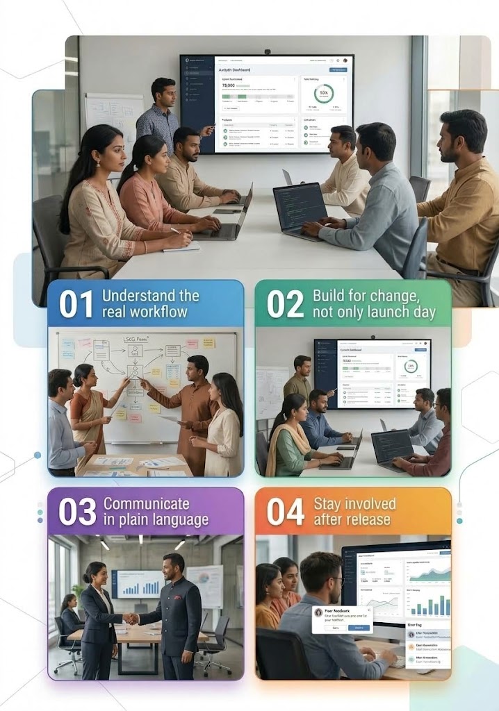 The four Adience delivery principles: understand the real workflow, build for change, communicate in plain language, and stay involved after release